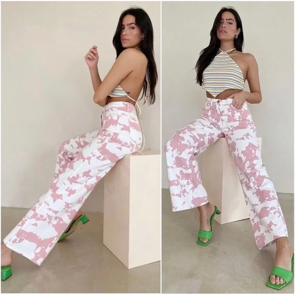 1 LEFT! Pink Ivory Cow Print High Rise Wide Leg 4 Pocket Denim Jeans - Picture 4 of 5